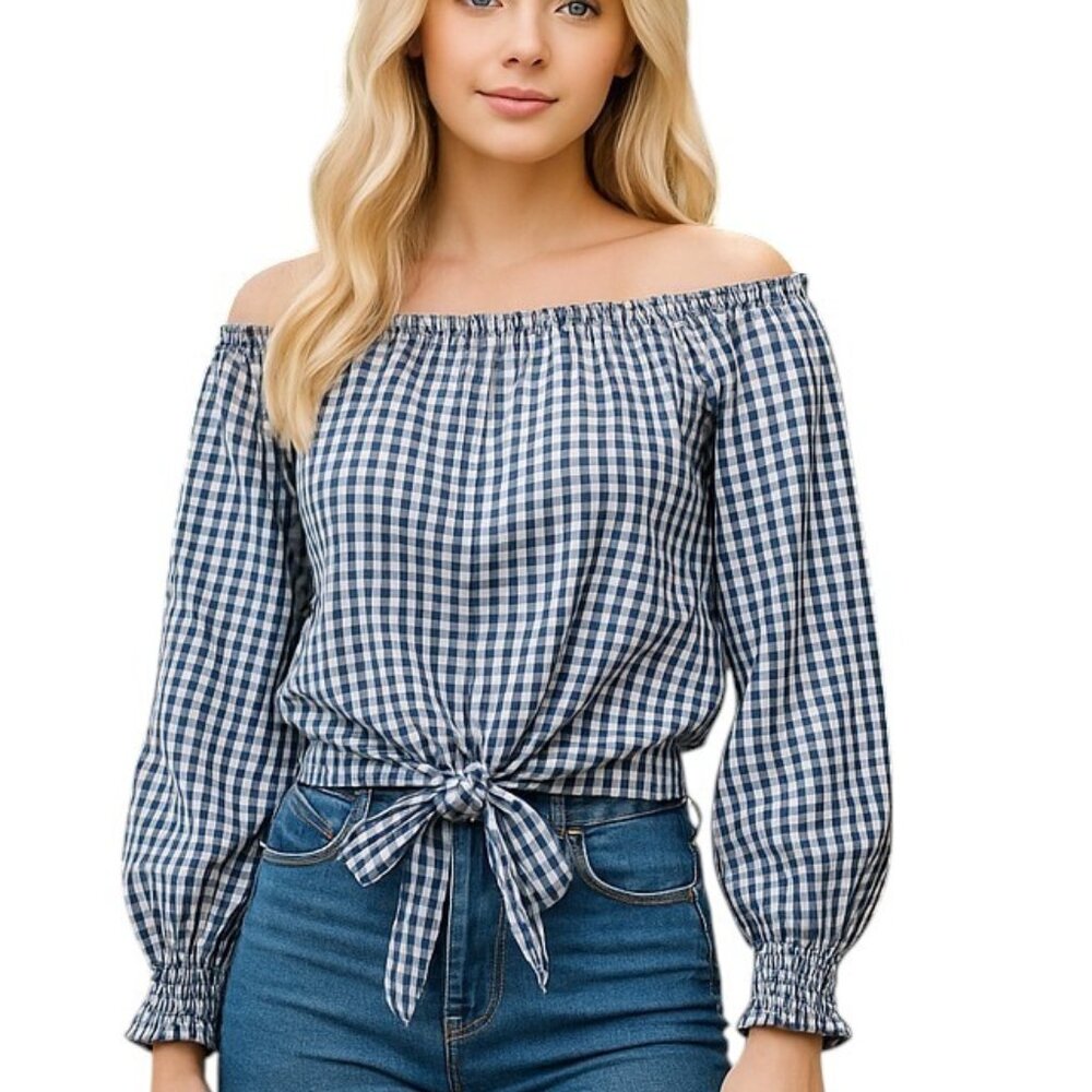 Sanctuary Navy Blue and White Gingham Blouse with Bow Tie Size Small